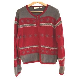 VTG Preview International Wool Snowflake Cardigan L Red Gray Zip Ski Lodge Retro